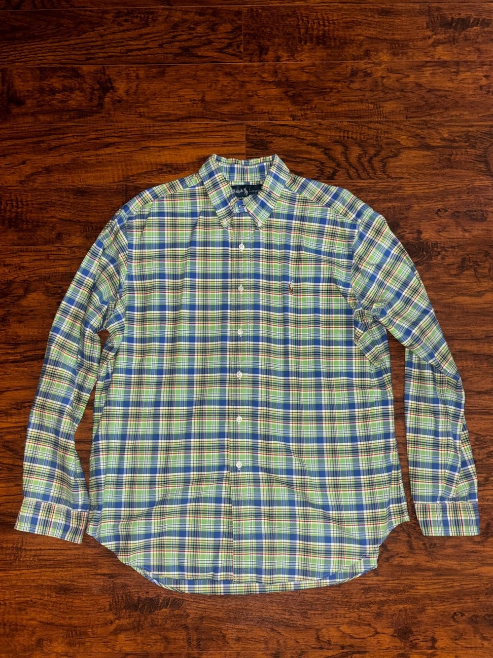 Ralph Lauren Vintage Button-Down Long Sleeve Collared Polo Green Blue Plaid